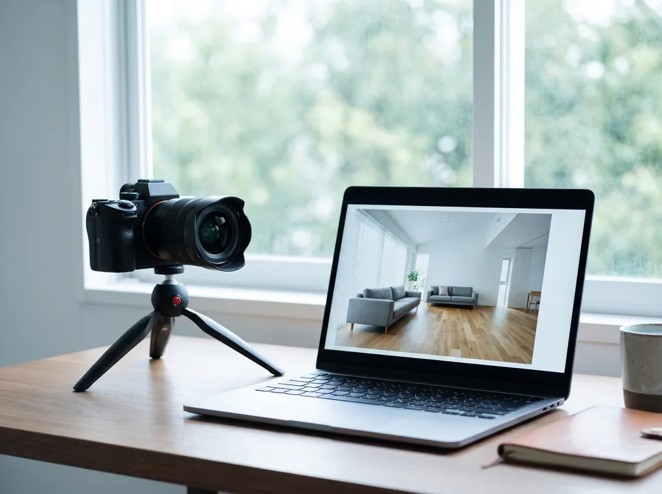 Laptop z wyświetlonym zdjęciem salonu z sesji, obok aparat z obiektywem szerokokątnym