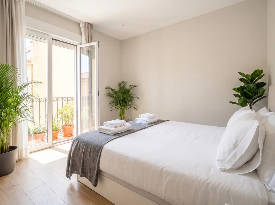 Apartament na wynajem krótkoterminowy z zaścielonym łóżkiem i jasnym salonem, przygotowany do zdjęć na Airbnb